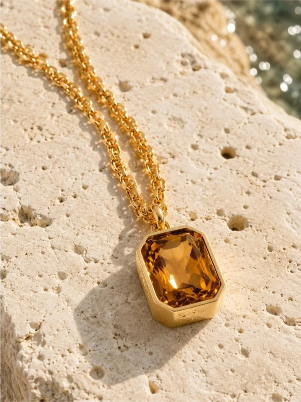 18K Gold plated Chain Necklace with Amber-Tone Faceted Pendant
